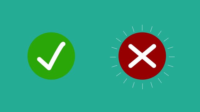 Video footage of yes or no, check mark and cross mark signs icon animation, pop-up green check mark and red cross X symbol. Green check mark and red cross mark 4k ... 