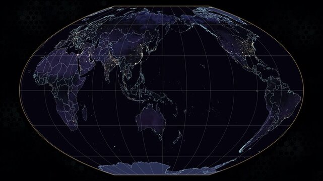 Mt Flat Polar Quartic world map projection. Rotating Earth with night city lights and glowing borders. Amber graticule lines, animated hexagonal dark background. Seamless loop. 4K resolution.