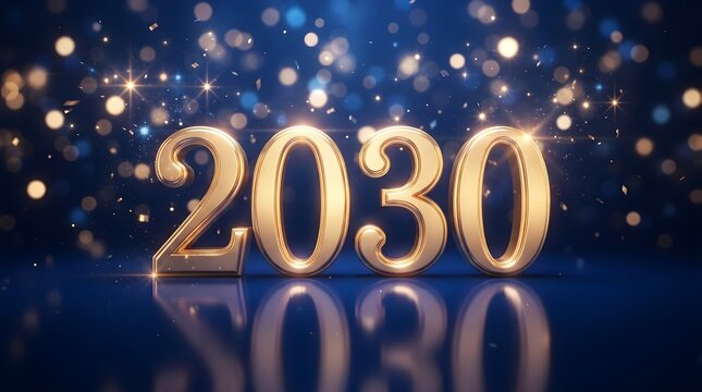 Golden 2030 sign with glowing lights for new year celebration