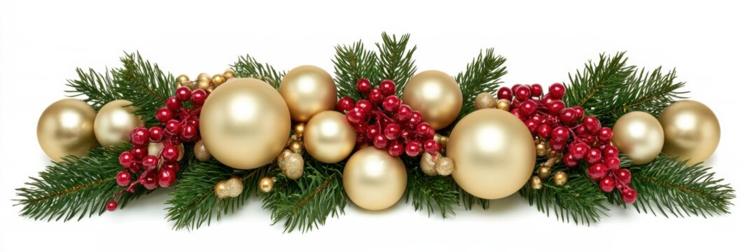 Christmas garland border made of fresh evergreen pine branches, matte gold and champagne baubles, glossy red berries, and golden beads on a white background
