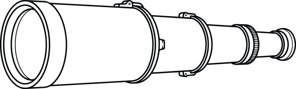 Vintage brass telescope line art, an antique optical instrument used for exploration and scientific observation, historical discovery, adventure
