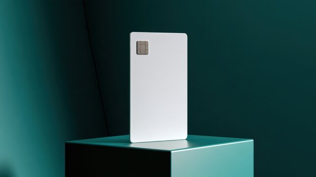 Contactless payment card stands upright on a jade pedestal, showcasing a sleek design with a metallic chip, ideal for fintech and banking concepts