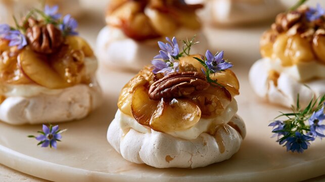 A premium autumn apple dessert background featuring miniature apple pavlovas topped with cinnamon mascarpone, caramelized apple slices, toasted pecans, and delicate edible flowers