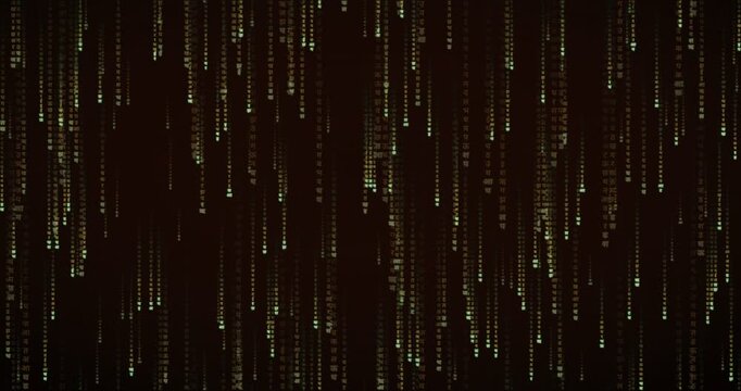 Devanagari characters fall in amber-lit code streams, creating a deep tunnel effect in this 4K animation.