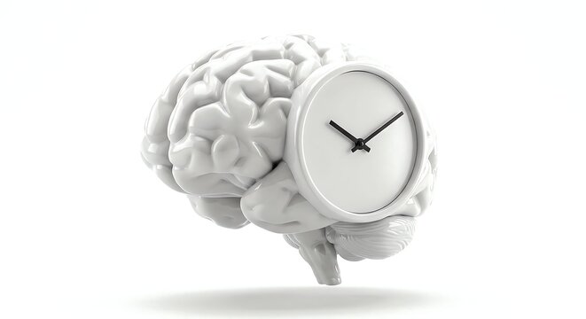 3D Human Brain with Embedded Clock on White Background, Time Management Concept
