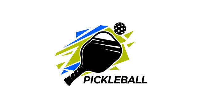A dynamic logo design for pickleball, featuring a black paddle, a ball, and energetic blue and green graphic elements.