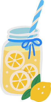 Cute lemonade mason jar with lemon slices, blue striped straw, and fresh lemon vector illustration isolated on transparent background.
