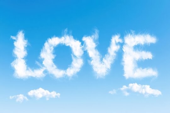 Bright blue sky featuring fluffy white clouds that spell out LOVE , with soft edges and sunlight illuminating the scene, low cumulus clouds visible