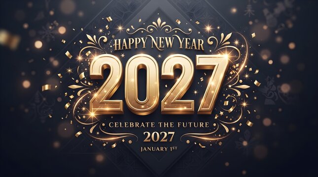 Happy new year 2027 gold text with decorative elements
