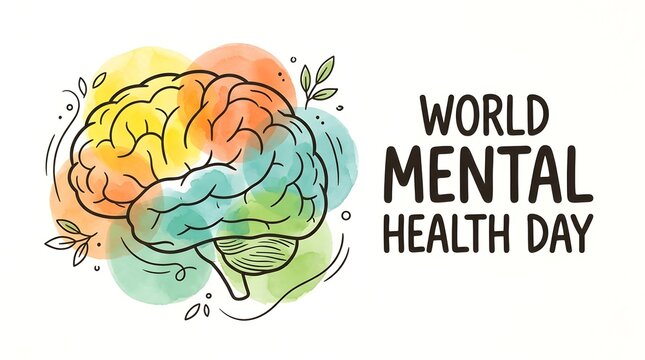 World mental health day watercolor illustration with colorful brain imagery and text