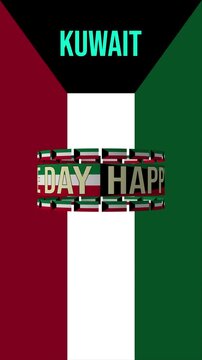 Vertical seamless cylindrical animation featuring the Kuwait flag and Happy Independence Day celebration text on a Kuwait flag background.