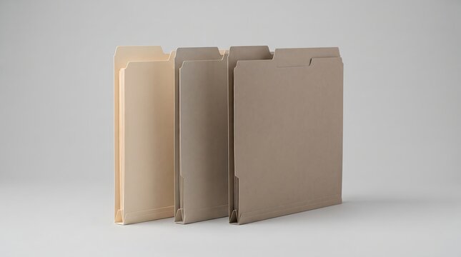 Three upright beige manila file folders standing together isolated on a light gray background