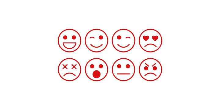 Collection of eight red line art emoticons showing various facial expressions and emotions.