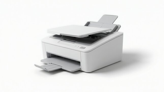 Modern white multifunction laser printer isolated on a white background for office and home business use