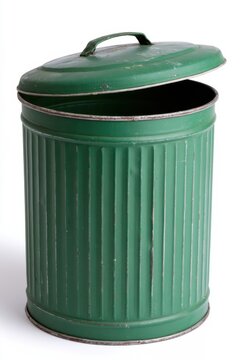 Vintage green metal trash can with a cylindrical body, partially open lid, and ribbed panels, showcasing subtle scratches and chipped paint, isolated on white
