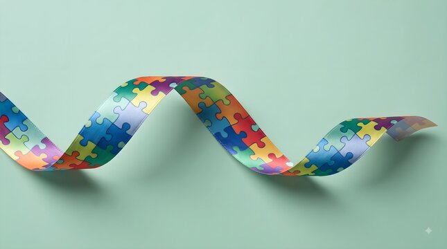 A vibrant winding snake is creatively formed from many colorful jigsaw puzzle pieces on a light green backdrop