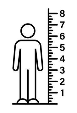 Human figure standing next to a height measurement scale ruler with body measurement height chart growth chart