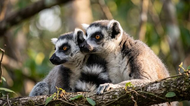 two lemurs close up on a tree at morning light in madagascar rainforest video