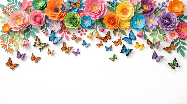 Watercolor painting of vibrant flowers and fluttering butterflies on a clean white background