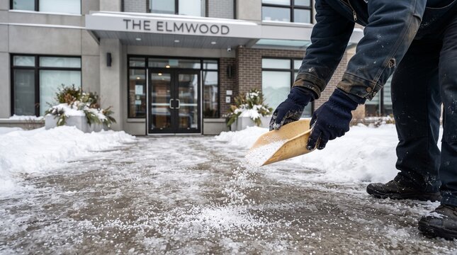 Worker spreading salt on icy pavement outside modern building entrance during winter, wearing gloves and work clothes