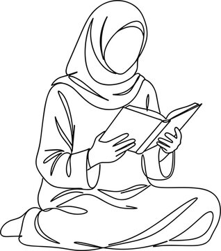 Muslim woman in hijab reading holy quran book vector line illustration isolated on white background