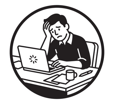 Stressed man sitting at a desk working on a laptop with a loading icon on the screen office work slow internet