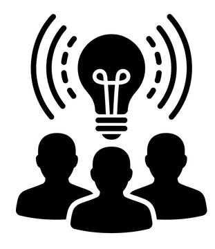 Group of three people silhouettes with glowing lightbulb emitting signal waves representing collaborative idea