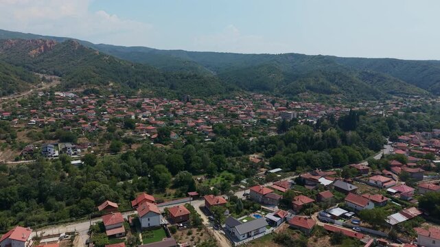 Aerial view of Stob village with red roof houses in Bulgaria