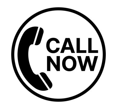 Black and white circular graphic with a phone handset and the text call now telephone icon contact button call sign