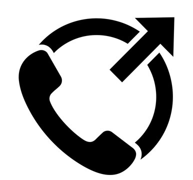 Simple black and white icon representing an outgoing phone call with a handset and an arrow