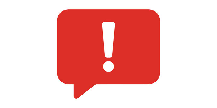 Red speech bubble icon with exclamation mark for alerts and important notifications.