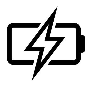 Black and white icon of a battery with a lightning bolt symbol representing power and charging status