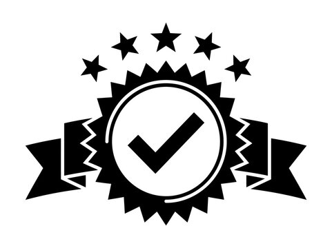 Quality assurance seal with check mark inside a starburst badge and surrounding stars approval badge quality control