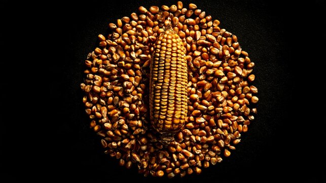 A conceptual corn harvest background featuring a single golden corn cob surrounded by a circular arrangement of loose kernels on a matte black surface, dramatic spotlight from above