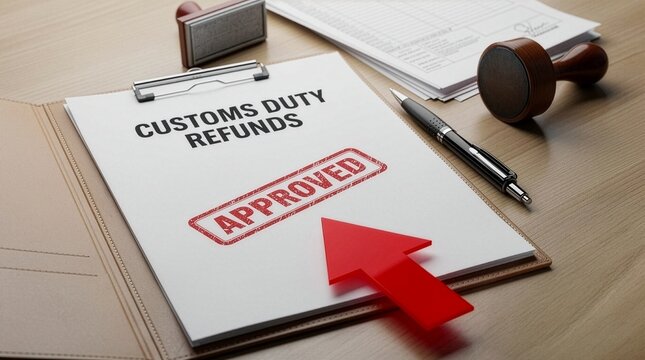 An approved customs duty refunds application form on a wooden office desk, featuring a red stamp, an upward arrow, a sleek pen, and rubber stamps, representing successful financial tax payback