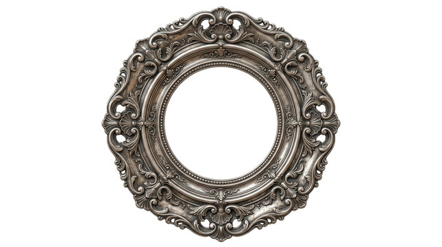 Vintage ornate silver picture frame, antique baroque circular mirror border, elegant metallic filigree frame for luxury portraits and wedding decor isolated PNG with Transparent Background