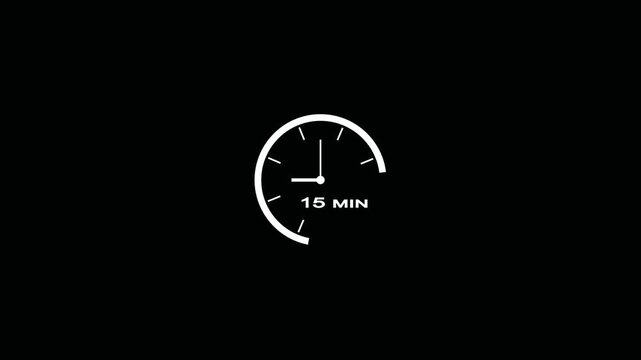 15 minute countdown timer animation featuring a stopwatch, clock, time, and minute countdown.