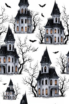 Seamless illustration of gothic haunted houses with pointed roofs and glowing windows, surrounded by leafless trees and flying bats in a dark theme
