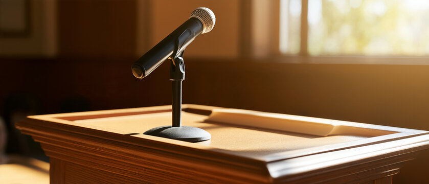 Podium with Microphone and Rolled Document: A classic wooden podium stands ready, equipped with a microphone and a rolled document, bathed in warm sunlight filtering through a window.
