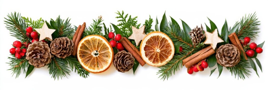 Rustic Christmas garland border with pine and cedar branches, brown pinecones, dried orange slices, cinnamon sticks, red berries, and wooden stars arranged horizontally