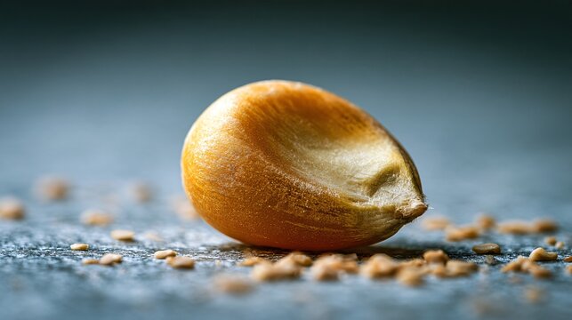 A macro corn harvest photograph focused on a single golden kernel separated from the cob and resting on a smooth stone surface, microscopic surface details visible, soft directional illumination