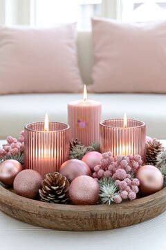 Pink Christmas centerpiece with three lit pillar candles on a rustic wooden tray, adorned with baubles, pinecones, and frosted berries for a festive touch