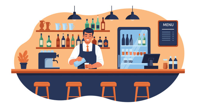 Cheerful bartender skillfully prepares a drink behind a well-stocked bar in a lively cafe or pub, serving customers.