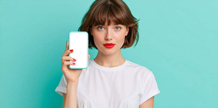 Young woman with bangs holding smartphone with blank screen on mint green background. Empty area for text. Mobile device mockup