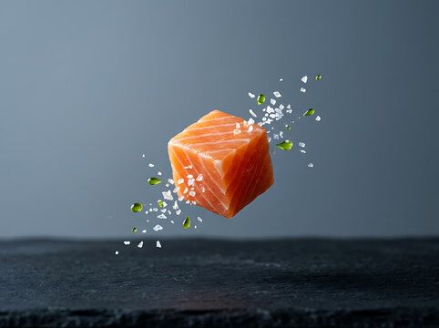 Fresh raw salmon cube with sea salt falling on dark stone