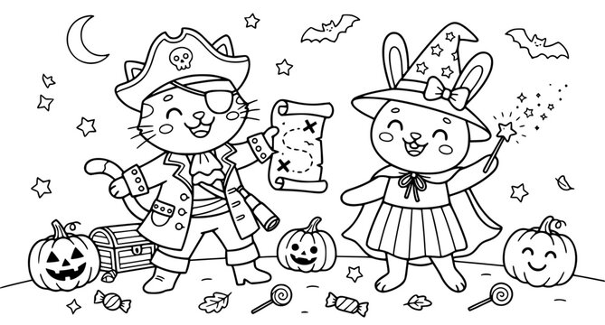 Cute Cat Pirate and Bunny Witch Halloween Costume Coloring Illustration