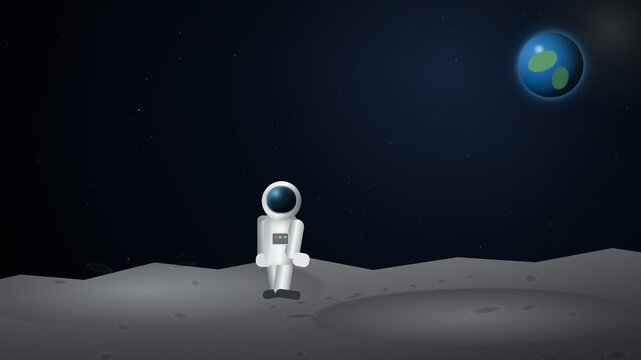 Stylized astronaut walking on moon surface with earth in background