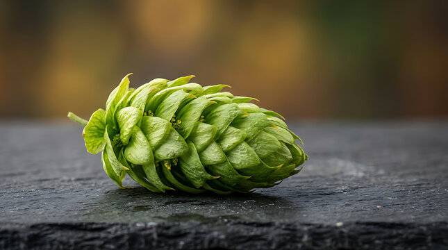 Fresh green hop cone on a dark stone surface