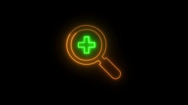 Glowing magnifying glass icon with a bright green plus symbol inside, symbolizing add, expand search, create new entry, zoom in, or enhanced discovery on a dark background.