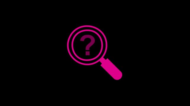 magnifying glass icon with a question mark inside, representing search inquiry, help, unknown results, investigation, or finding answers on a dark background.